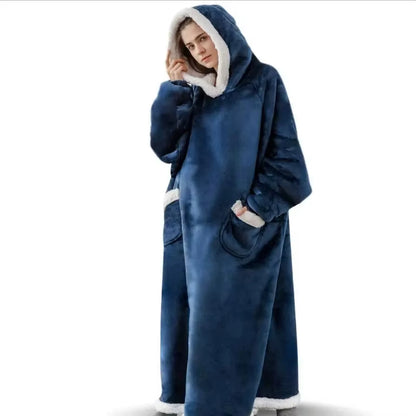 Pullover Lamb Fleece Oversized Loose Outdoor Sleepwear, Flannel Blanket Pajama with Sleeves, Winter Hooded Sweatshirt